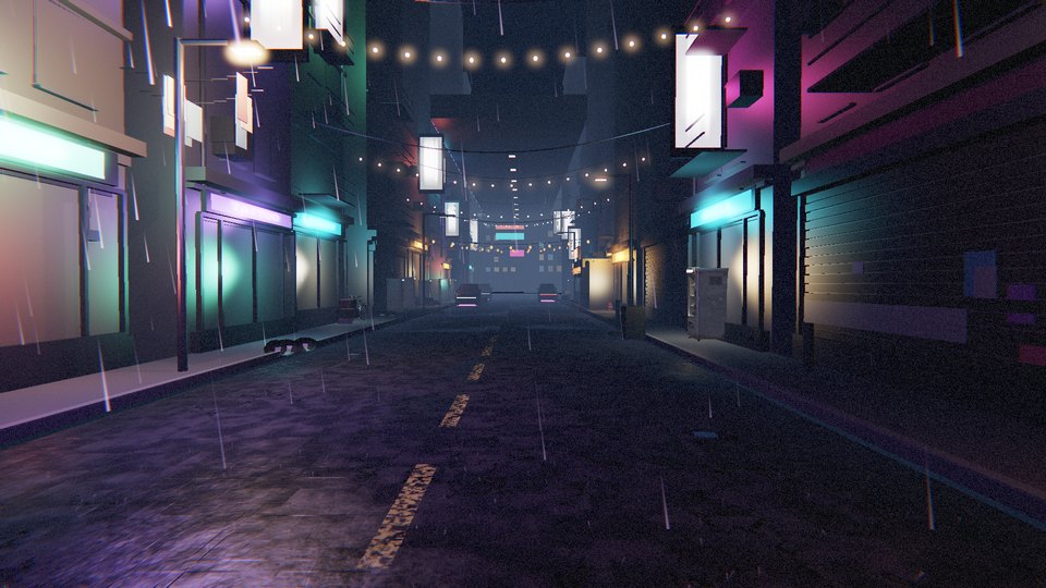 A rain-soaked neon alley at night, wet asphalt reflecting magenta and cyan signage