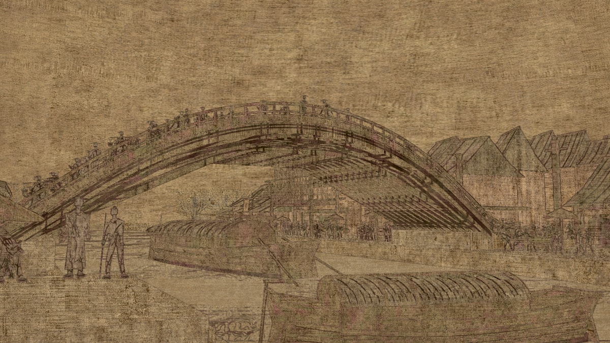 The Rainbow Bridge of Kaifeng rendered as ink on silk, seen from the south-east bank